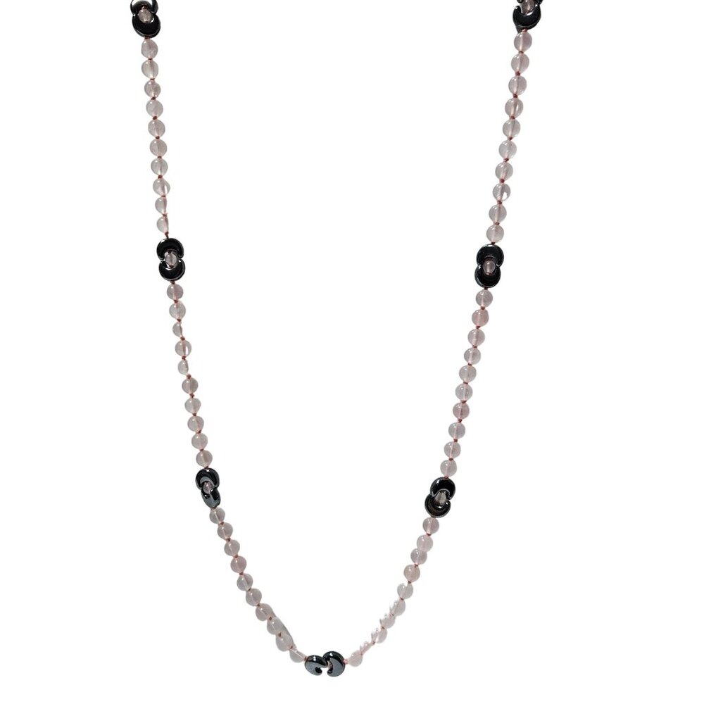 Vintage Pink Bead Hematite Moon Charms Beaded Necklace Retro 60s Fashion Jewelry
